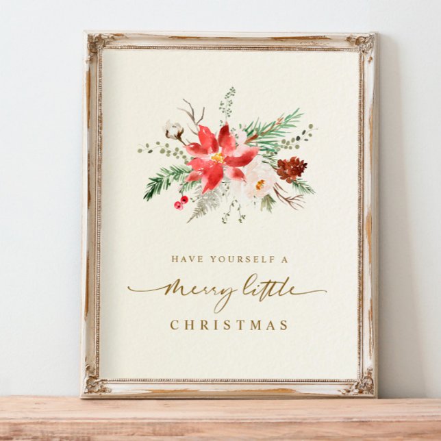 Impressão de Natal Elegante Boho Verde (Printable Christmas Gift - Boho Elegant Holiday Print with poinsettia and greenery foliage)