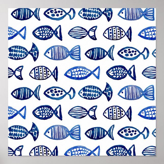 Impressão de padrão de peixe azul de aquarela. Art (Frente)