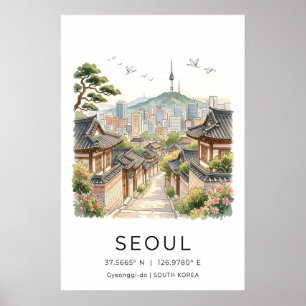 Impressão de paisagem de Seul Aquarela Vista da ci