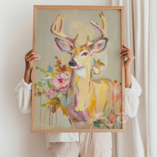 Impressão de parede de cervo pintando floral em pa