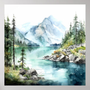 Impressão de pintura de água do lago de montanha