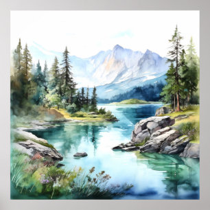 Impressão de pintura de água do lago de montanha