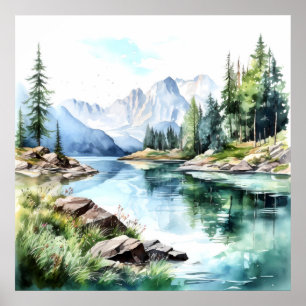 Impressão de pintura de água do lago de montanha