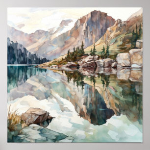 Impressão de pintura de água do lago de montanha
