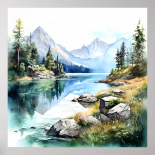 Impressão de pintura de água do lago de montanha