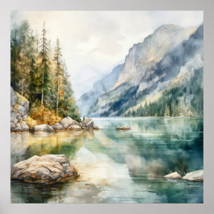 Impressão de pintura de água do lago de montanha