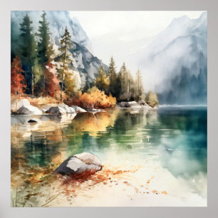 Impressão de pintura de água do lago de montanha