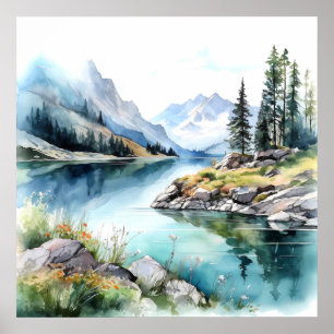 Impressão de pintura de água do lago de montanha