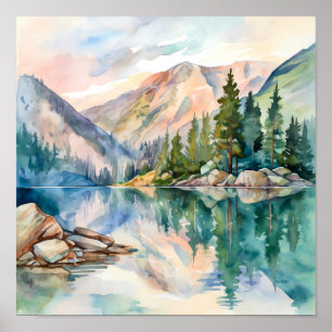 Impressão de pintura de água do lago de montanha