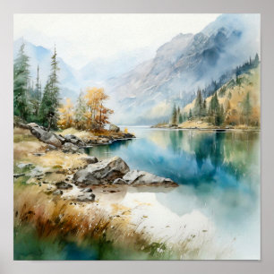 Impressão de pintura de água do lago de montanha