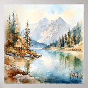 Impressão de pintura de água do lago de montanha