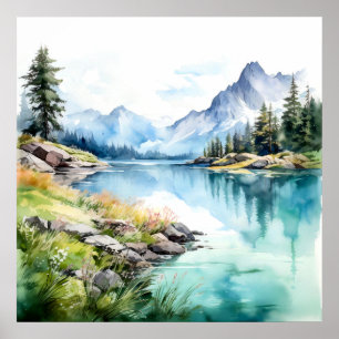 Impressão de pintura de água do lago de montanha