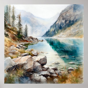 Impressão de pintura de água do lago de montanha
