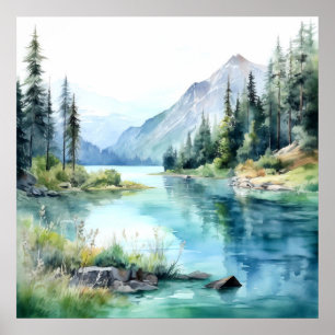 Impressão de pintura de água do lago de montanha