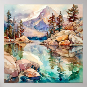 Impressão de pintura de água do lago de montanha