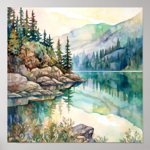 Impressão de pintura de água do lago de montanha