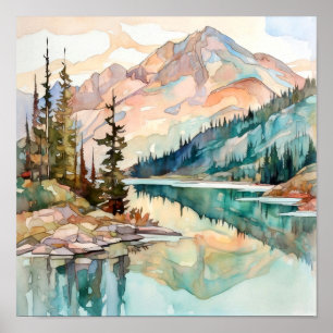 Impressão de pintura de água do lago de montanha