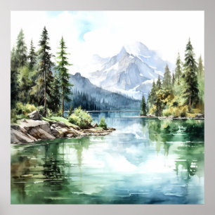 Impressão de pintura de água do lago de montanha