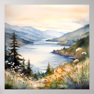 Impressão de pintura de aquarela de montanha