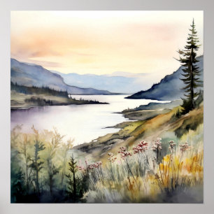 Impressão de pintura de aquarela de montanha