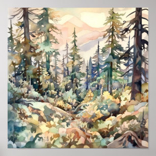 Impressão de pintura de aquarela na floresta de mo