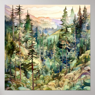Impressão de pintura de aquarela na floresta de mo