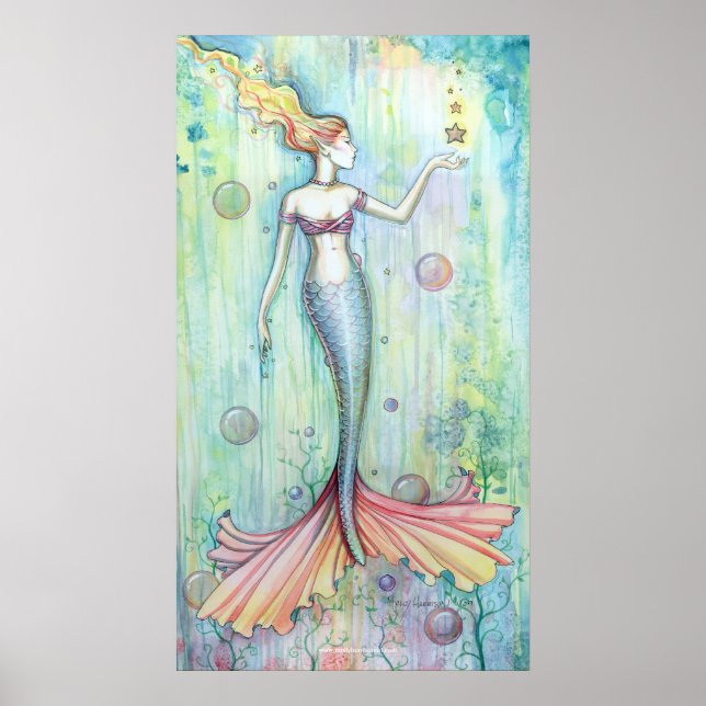 Impressão de Poster da Sereia em Aquarela Bolhas (Frente)