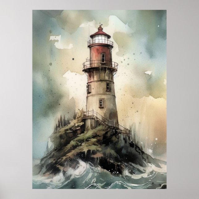 Impressão de Poster de farol de aquarela ilustrati (Frente)