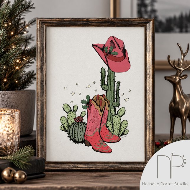 Impressão de Poster de Natal Ocidental com Botas d (Western Christmas poster with pink cowgirl boots, cowboy hat, desert cacti and stars on ivory. )