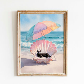Impressão de Praia de Gato Negro Whimsical