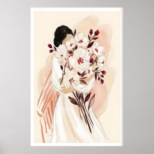 Impressão de Retrato Floral com Flores de Aquarela