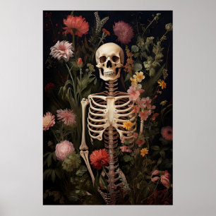 Impressão de retrato gótico esqueleto floral, escu