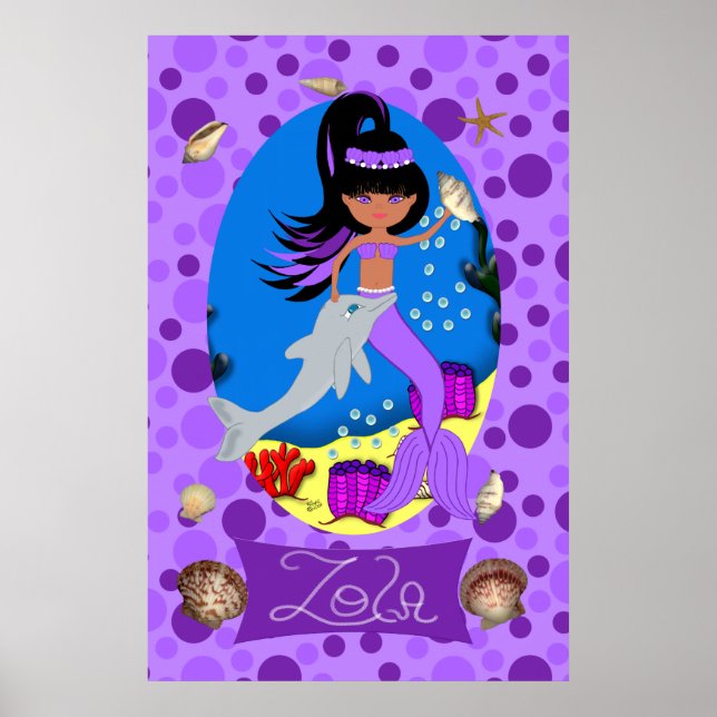 Impressão de Sereia Roxa e Golfinho (Frente)