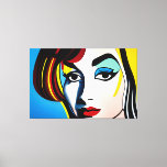 Impressão de tela de retrato de pop Art<br><div class="desc">Apresentando nossa vibrante pintura a óleo de canvas, com um retrato colorido de uma pop-arte inspirada no estilo icônico do pop Roy Lichtenstein. Essa pintura captura a essência do movimento pop com cores ousadas, elementos gráficos e estética inspirada em quadrinhos. O retrato mostra uma mulher com traços exagerados e uma...</div>