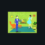 Impressão de tela estendida com Casal moderno do m<br><div class="desc">Esta Impressão de Tela Esticada do Casal Moderno de Meio século parece uma cena de uma comédia romântica. A design de arte minimalista ao estilo de 1960 apresenta um casal de desenho animado atraente desfrutando de uma noite romântica em casa. A sala sofisticada destaca uma parede verde de pedra com...</div>