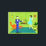 Impressão de tela estendida com Casal moderno do m<br><div class="desc">Esta Impressão de Tela Esticada do Casal Moderno de Meio século parece uma cena de uma comédia romântica. A design de arte minimalista ao estilo de 1960 apresenta um casal de desenho animado atraente desfrutando de uma noite romântica em casa. A sala sofisticada destaca uma parede verde de pedra com...</div>