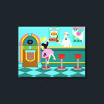 Impressão de tela estendida com fonte de soda retr<br><div class="desc">Sirva algo especial com esta fonte de refrigerante retrorreflectora Stretch Canvas Print. A arte minimalista, a design de desenho animado mostra o interior do lugar mais legal da cidade. É uma fonte de refrigerante de 1950, em toda sua glória de gatinho! No cenário de um aqua wall, podemos ver posters...</div>