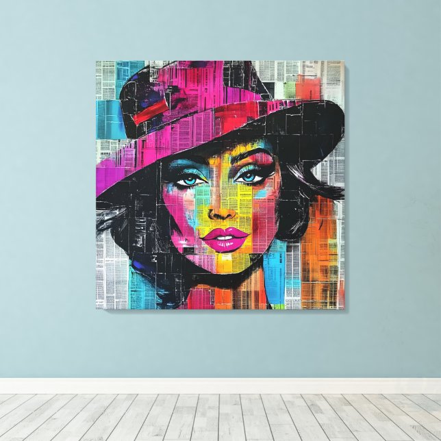Impressão de tela estendida com Pop de arte em neg (Insitu(piso de madeira))
