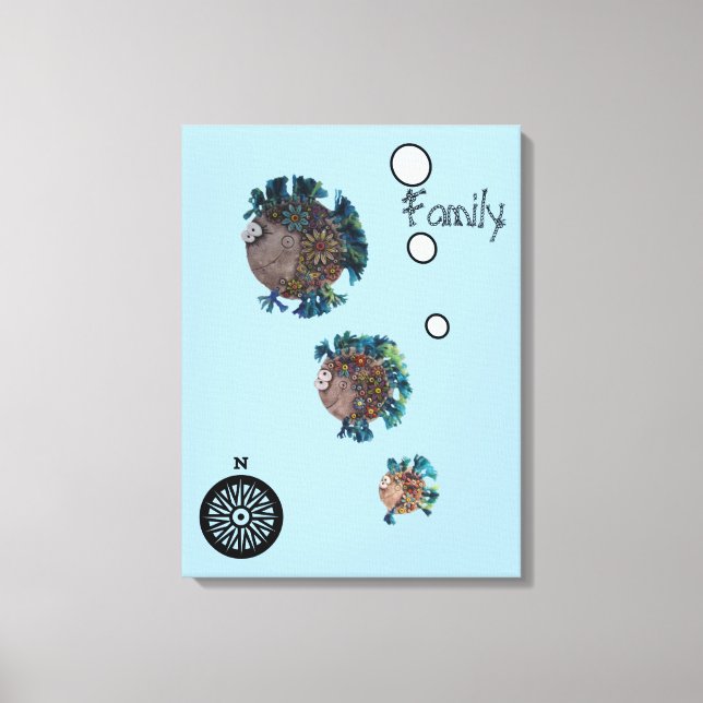 Impressão de Tela - Família de Peixes Azul e Verde (Frente)