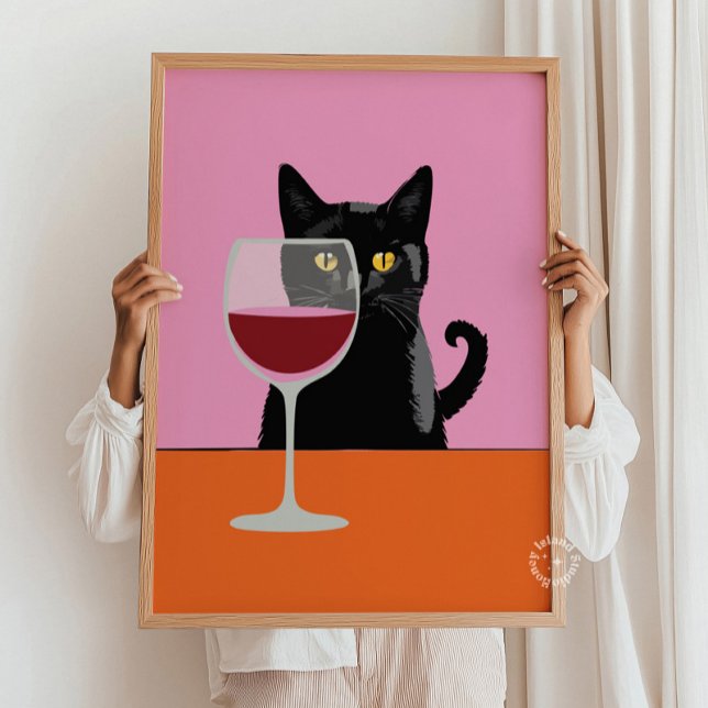 Impressão de vidro de gato preto (black cat wine poster)