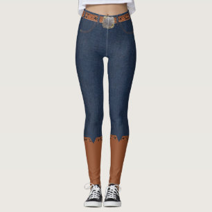Impressão Denim Leggings Faux Belt E Boots Do Cow