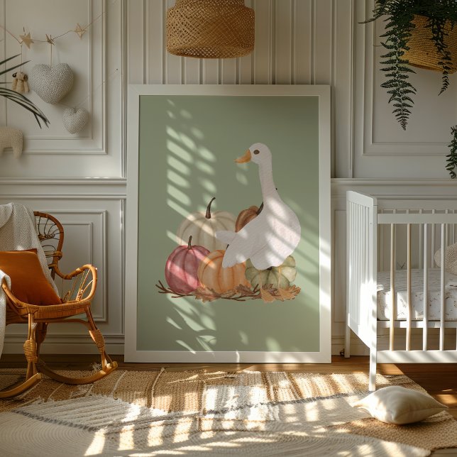 Impressão do Farmhouse de Arte de Ganso (Whimsical goose art print surrounded by pumpkins and fall leaves.)
