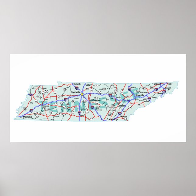 Impressão do Mapa Interestadual do Tennessee (Frente)