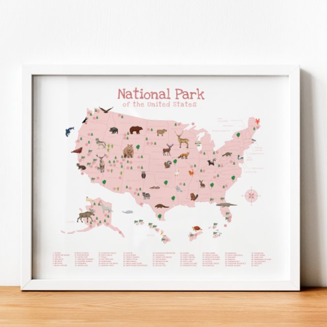 Impressão do Parque Nacional Rosa Map Woodland (Pink National Park Map Woodland Nursery Print)