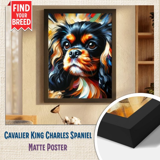 Impressão em Acrílico do Cão Cavalier King Charles (Elegant Framed Matte Poster - Black & Tan Cavalier Art)