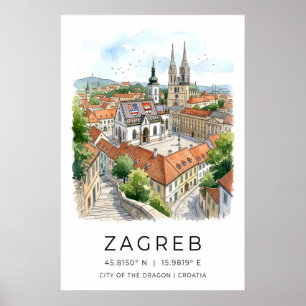 Impressão em Aquarela da Cidade de Zagreb, Torres 