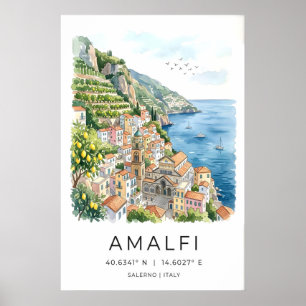 Impressão em Aquarela da Costa Amalfitana Mar Turq