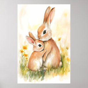 Impressão em Aquarela de Coelho, Mamãe e Filhote, 