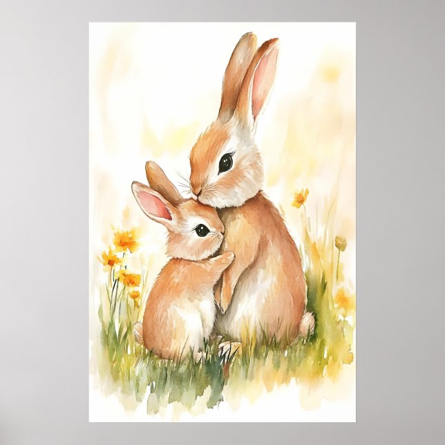 Impressão em Aquarela de Coelho, Mamãe e Filhote,  (Frente)