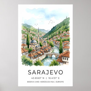 Impressão em Aquarela de Sarajevo, Paisagem Urbana